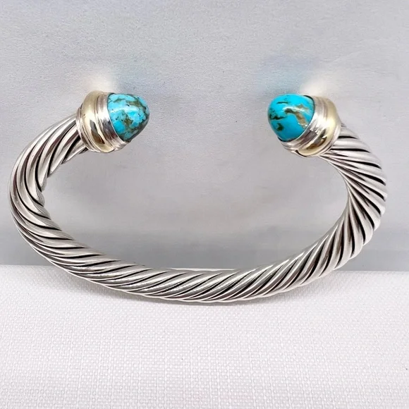 David Yurman Sterling Silver & 14K Gold Turquoise Cable Bracelet - Picture 2 of 14